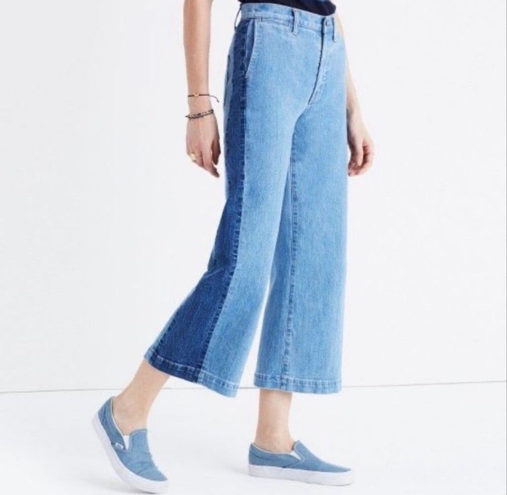 Madewell 4(27) two tone wide leg cropped high rise denim jeans funky retro